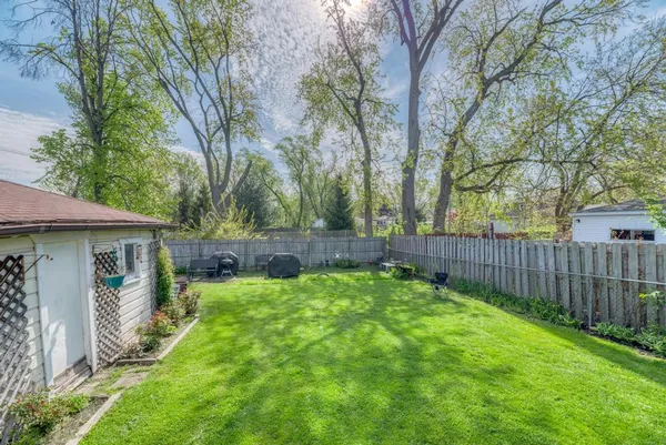 a view of a backyard with large trees and wooden fence