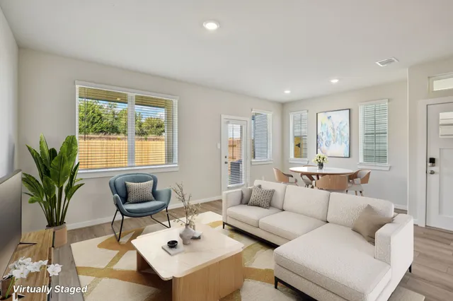 a living room with furniture and a potted plant