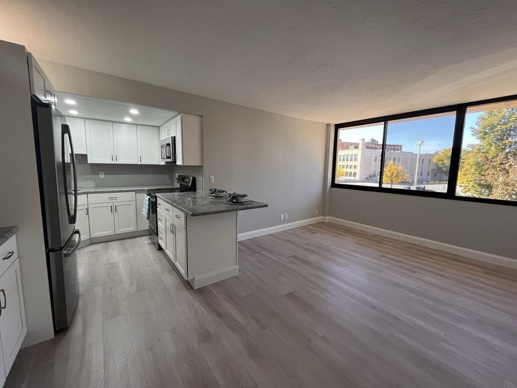 70 Southbridge Street, Unit 215 Worcester, MA 01608 - Photo 4 of 27 a kitchen with stainless steel appliances granite countertop a stove a sink and a refrigerator with wooden floor