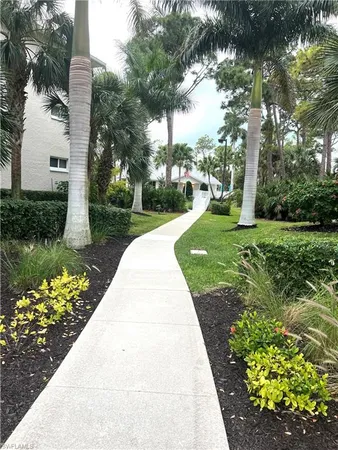 a view of a garden with a fountain