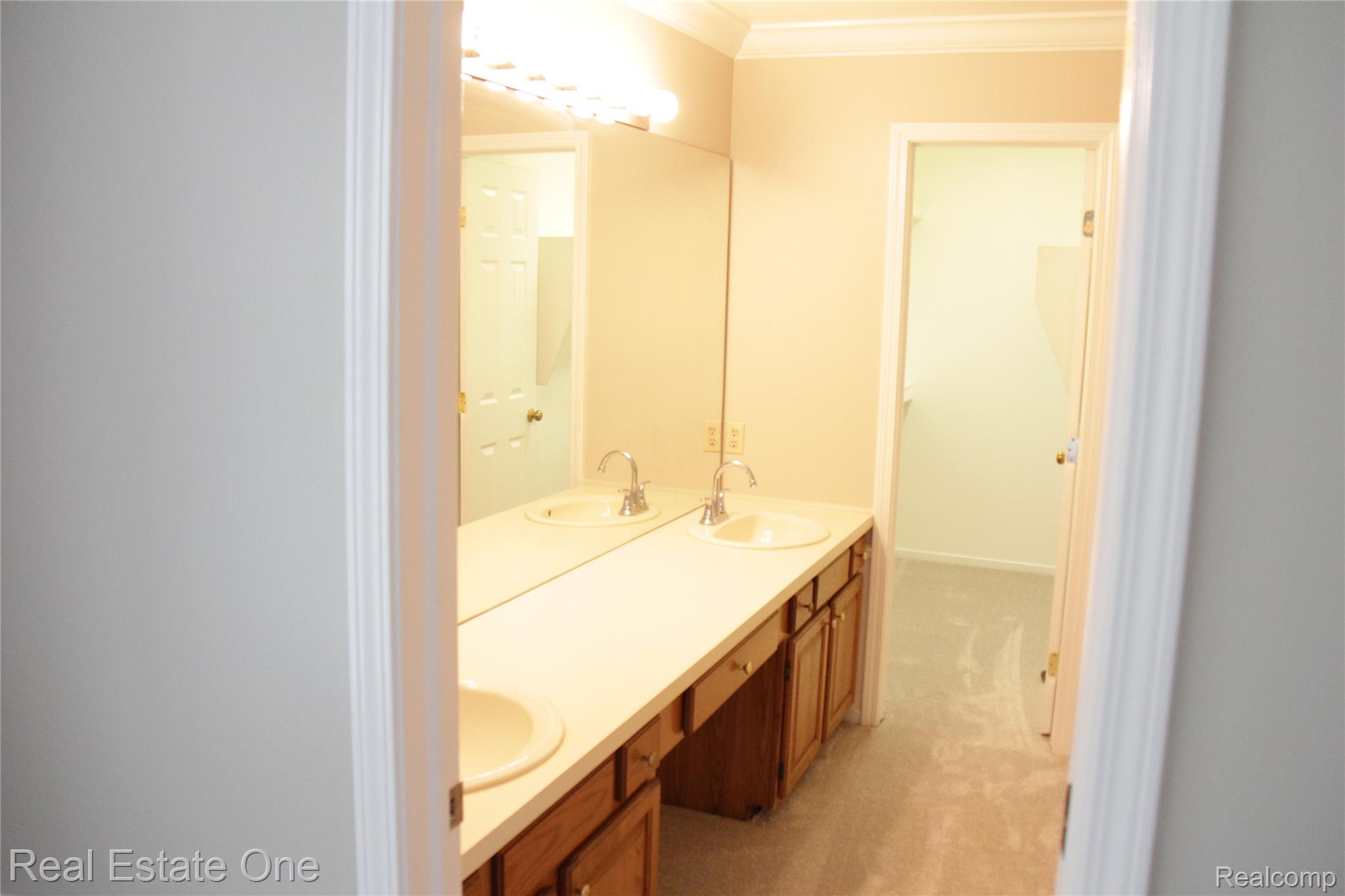 44777 Saltz Road Canton, MI 48187 - Photo 40 of 65 Primary Bathroom with Dual vanity with integrated sinks, expansive mirror, wood cabinetry, and neutral wall paint
