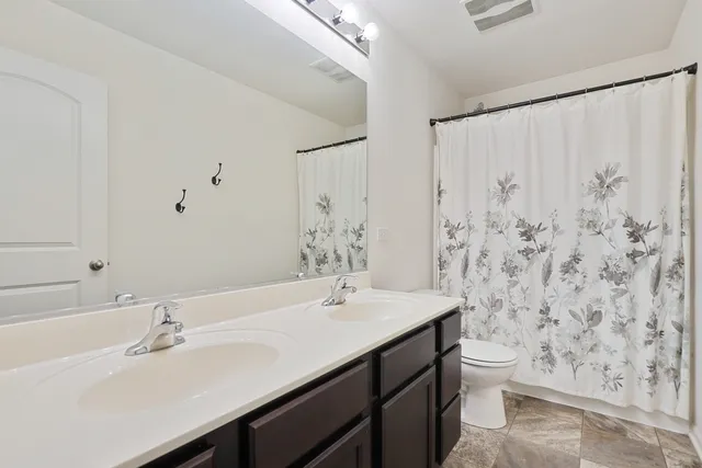 a bathroom with a sink a toilet and shower curtain