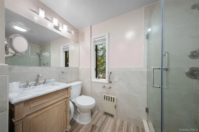 a bathroom with a toilet a sink and mirror
