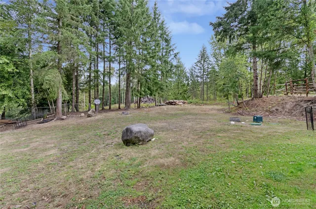 a backyard of a house with table and chairs