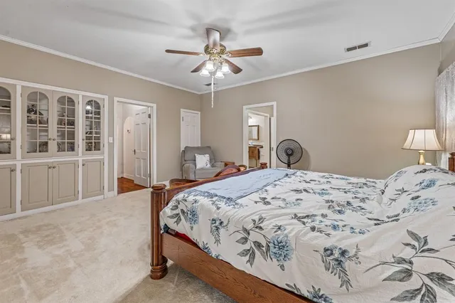 a bedroom with a bed and ceiling fan