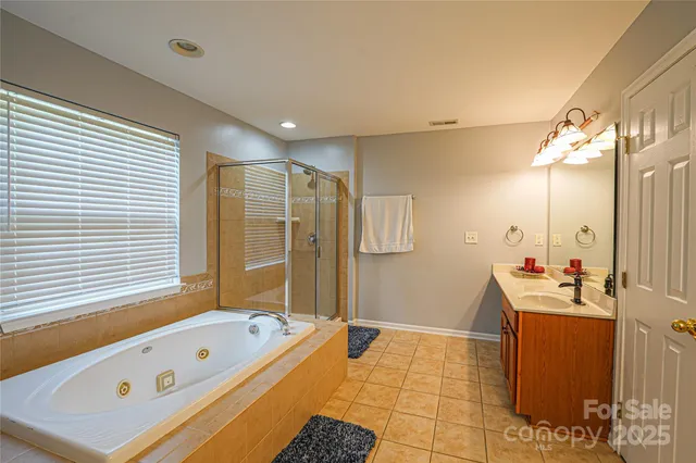 a bathroom with a tub a sink and a large mirror