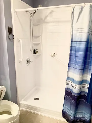 a bathroom with a shower and a toilet