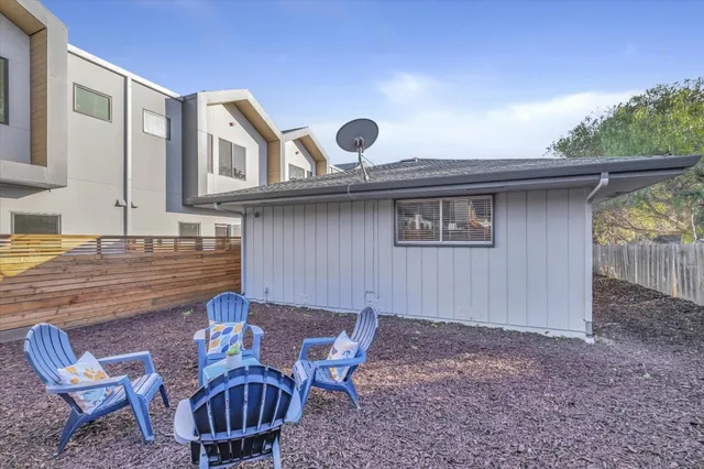 a backyard of a house with table and chairs