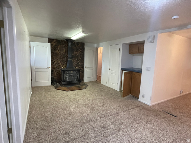 438 East Main Street Elsinore, UT 84724 - Photo 25 of 43 Library featuring a stone accent wall with a wood-burning stove, light-toned carpeting, and multiple paneled doors one housing a bar fridge
