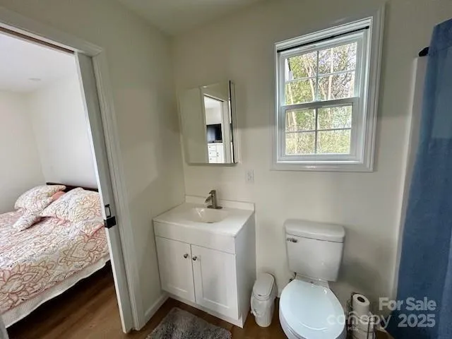 a bathroom with a toilet sink and mirror
