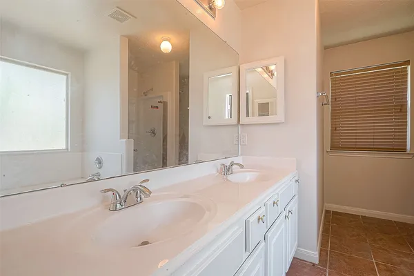 a bathroom with a double vanity sink and mirror