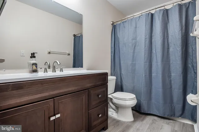 a bathroom with a sink a toilet a mirror and shower curtain