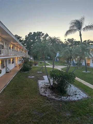 a view of a park with large trees