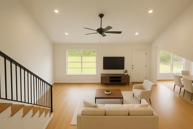 a living room with furniture a flat screen tv and a window