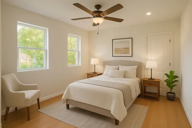 a bedroom with a bed and a chair