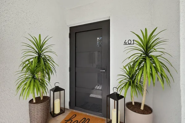 a view of a building with a garden