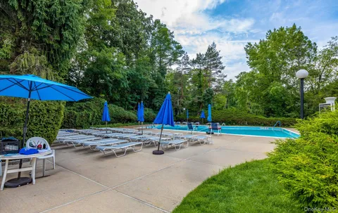 a swimming pool with some trees and plants