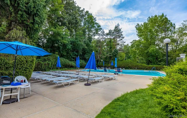a swimming pool with some trees and plants