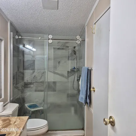 a bathroom with a granite countertop toilet a sink and a mirror