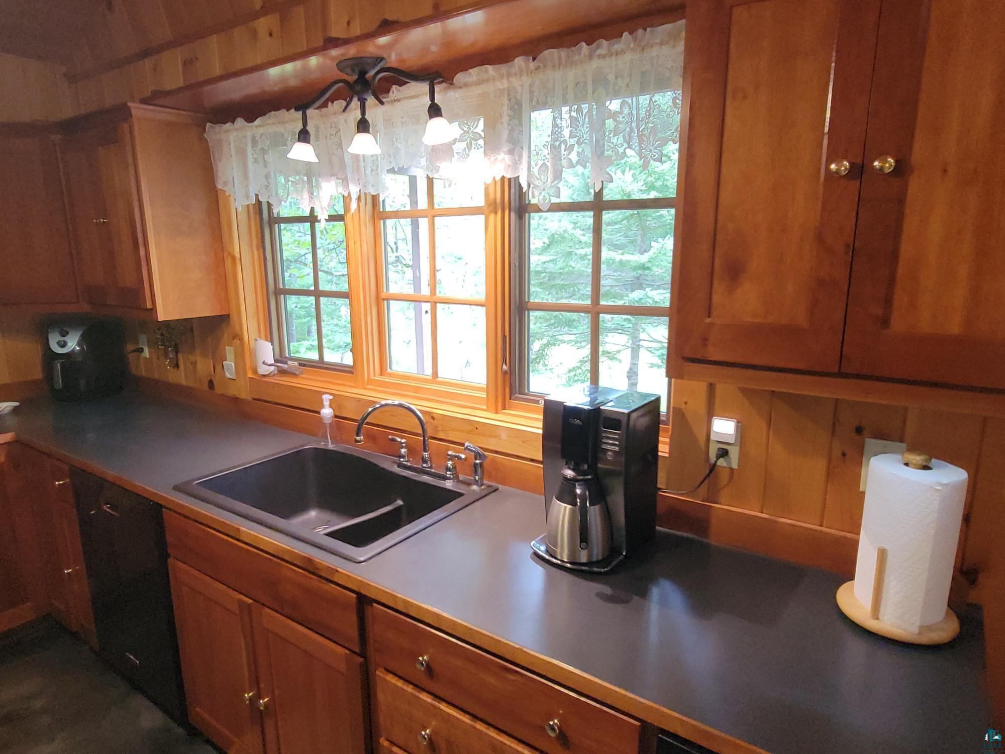 181 Linnell Road Grand Marais, MN 55604 - Photo 39 of 77 Wood-finish cabinetry with golden hardware, black composite dual-basin sink, black countertop, and wood-paneled walls