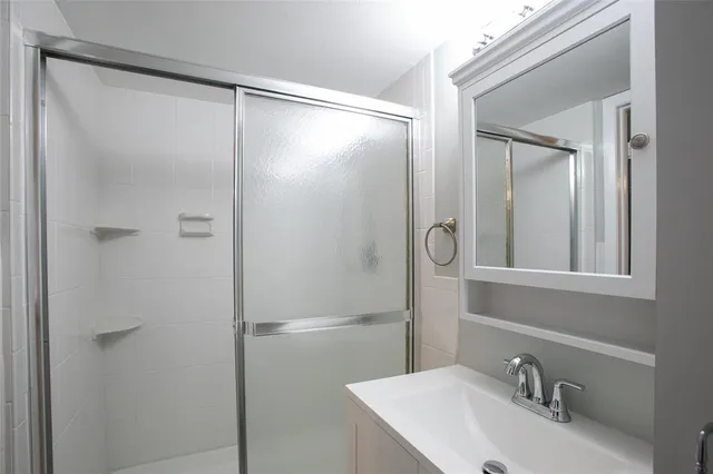 a bathroom with a shower sink vanity and a mirror