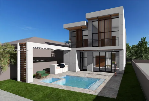 a view of a house with backyard and porch