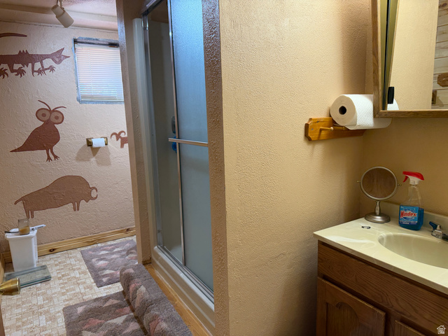 358 South Sky Drive Torrey, UT 84775 - Photo 36 of 82 Bathroom featuring a glass-enclosed shower, a vanity with an integrated sink, and an overhead light fixture