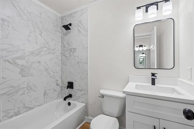 a bathroom with a toilet a sink a mirror and bathtub