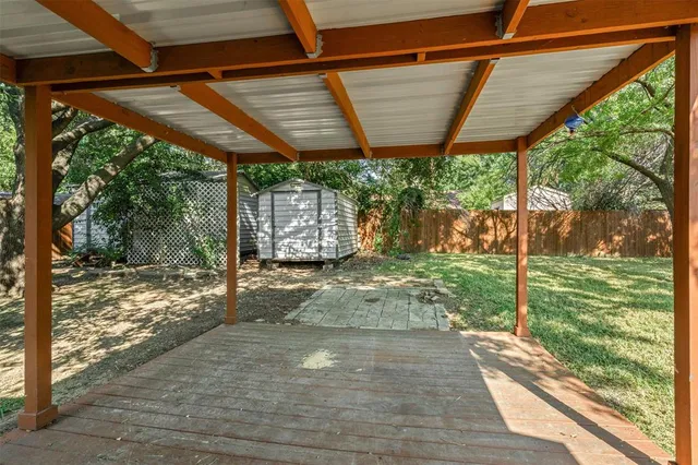 a view of a backyard with a large tree