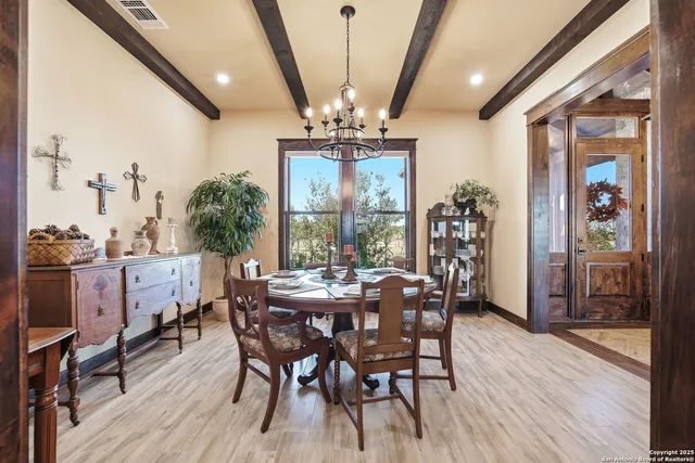a view of a dining room with furniture window and outside view