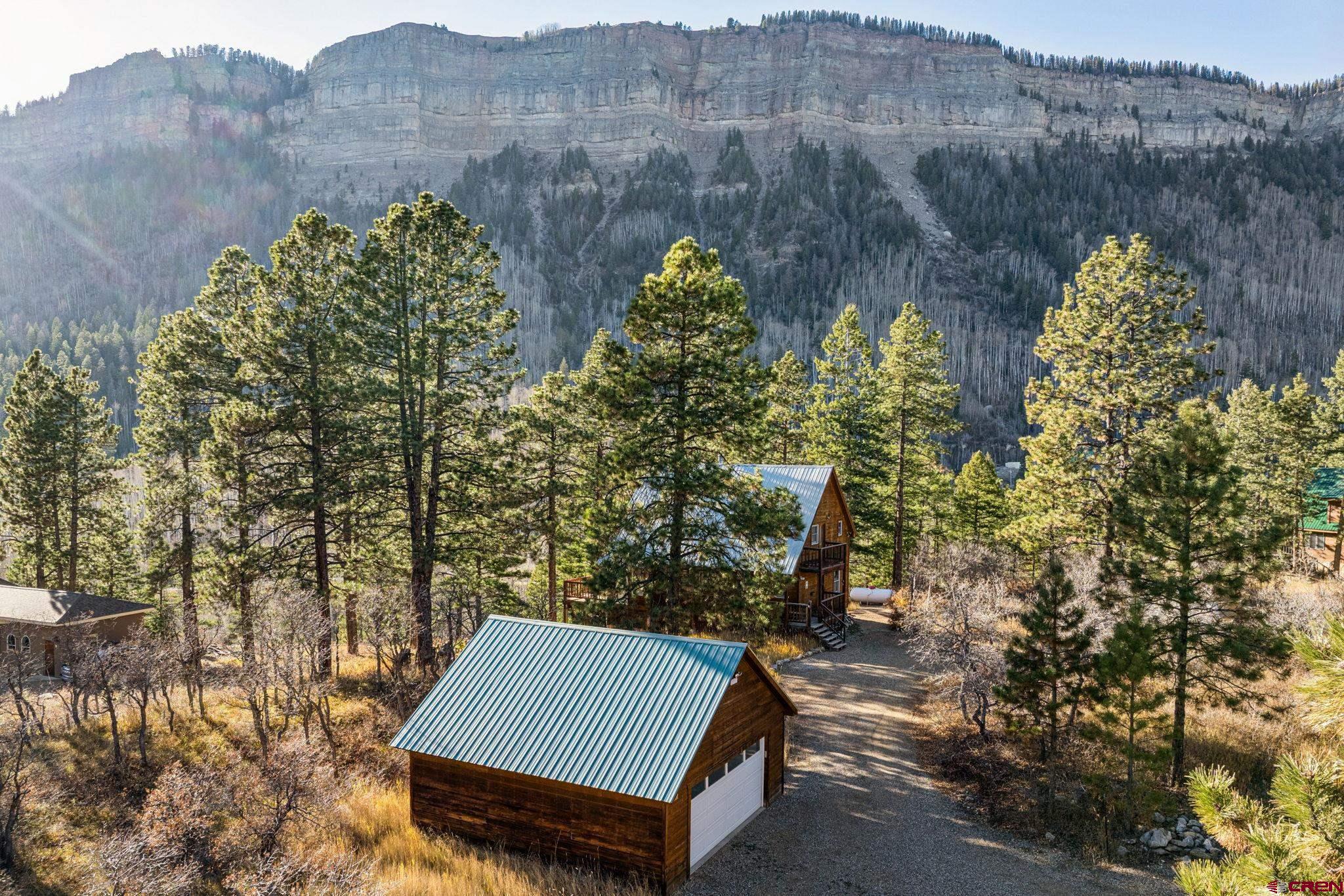 a backyard of a house with large trees and plants