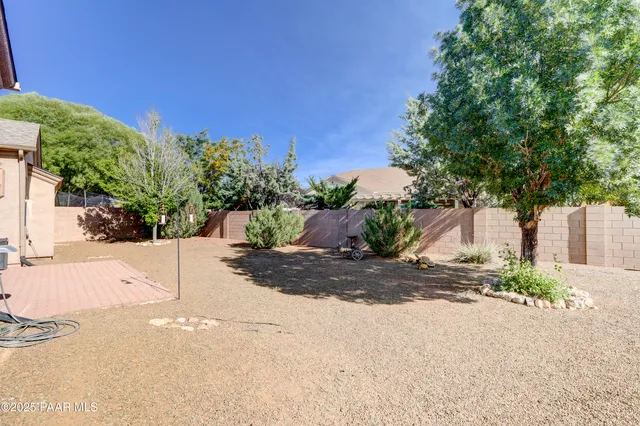 a view of a yard with plants and trees