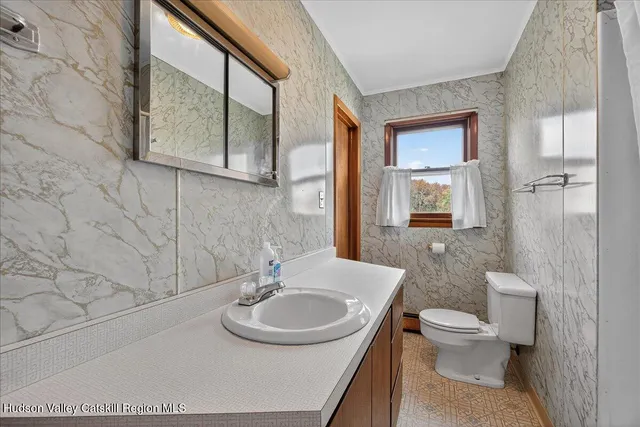 a bathroom with a sink a toilet and mirror