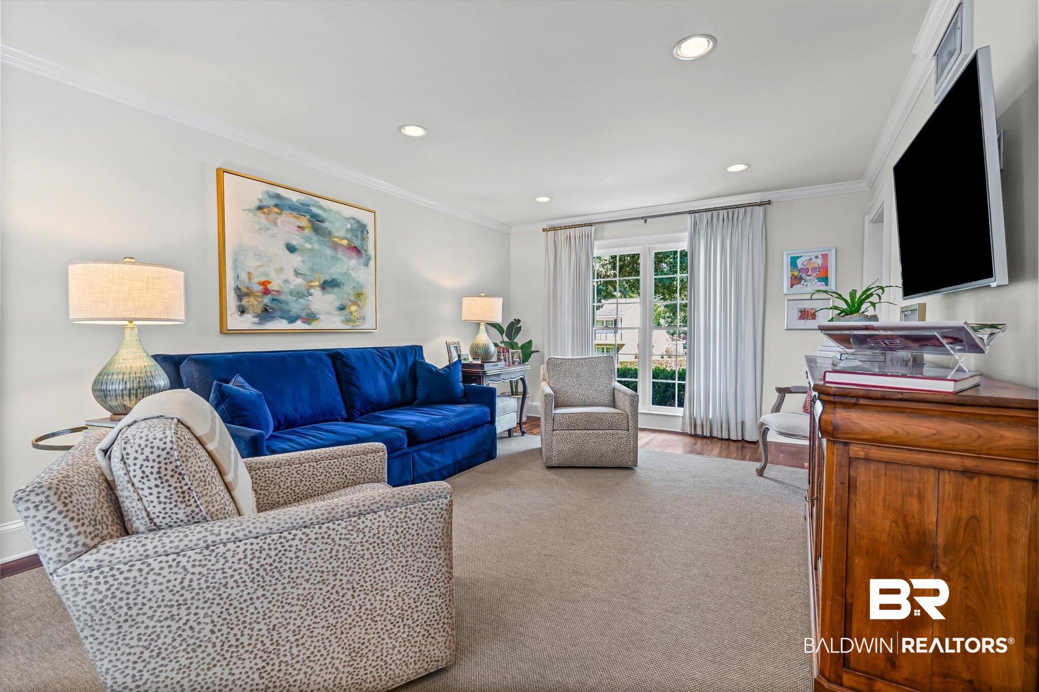 513 Spring Park Drive East Mobile, AL 36608 - Photo 5 of 44 Living room with crown molding, recessed lighting, and carpet flooring