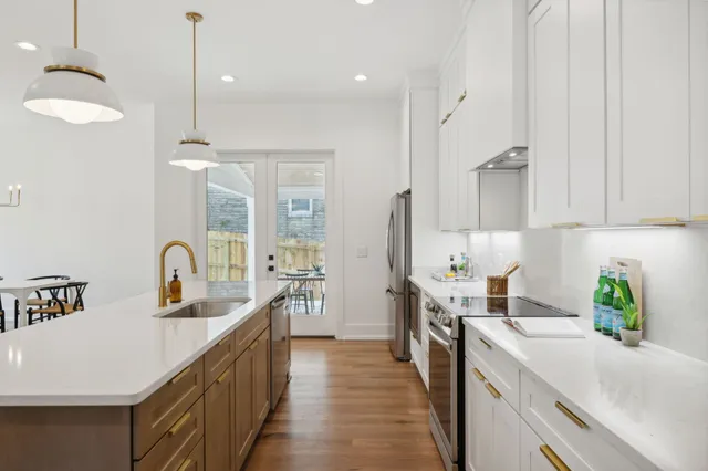 a bedroom with a bed and a table