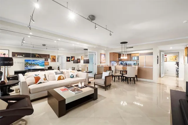 a living room with furniture and a table