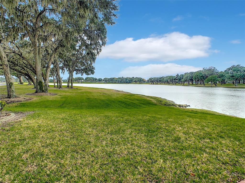 a view of a lake with a big yard