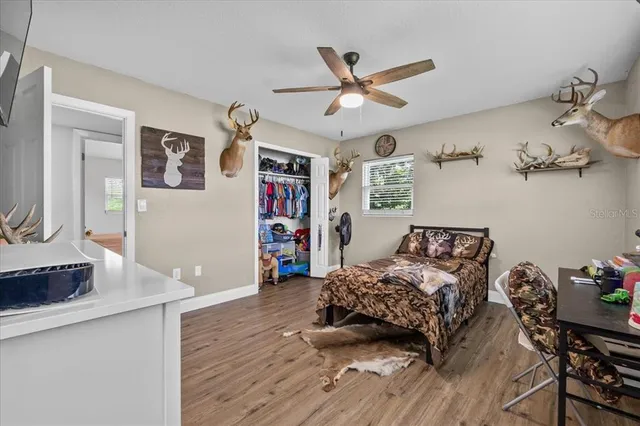 a bedroom with a bed and a desk