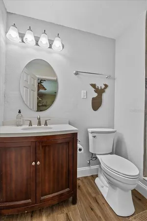 a bathroom with a sink a mirror and a potted plant