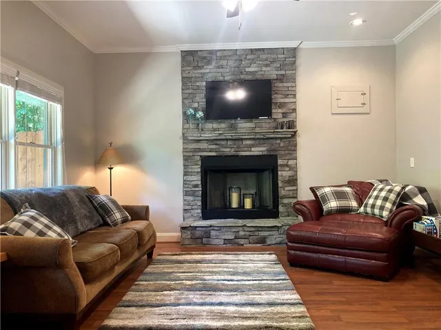 a living room with large window