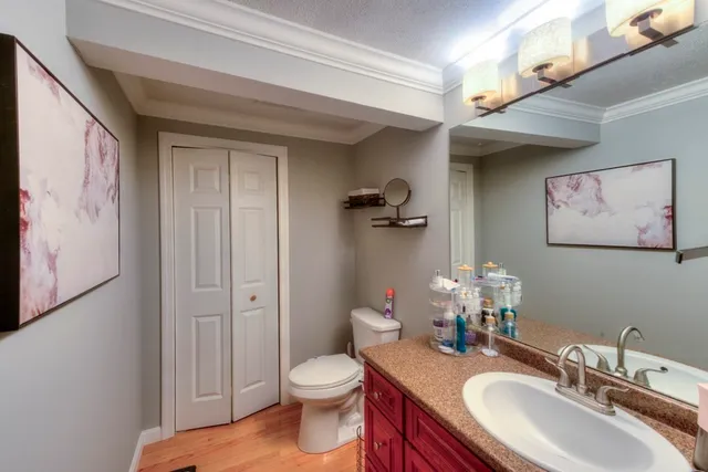 a bathroom with a granite countertop toilet a sink and mirror