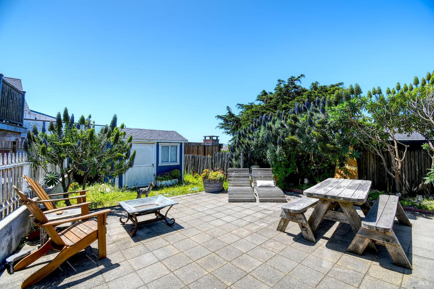75 Ocean View Avenue Dillon Beach, CA 94929 - Photo 34 of 48 Sun-filled patio with beautiful foliage and shed that has electricity.