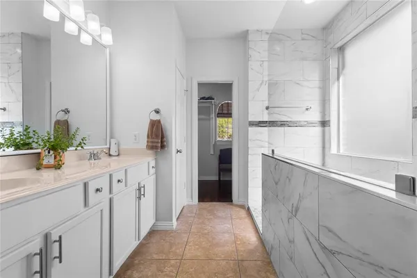 a bathroom with a sink a mirror and a shower