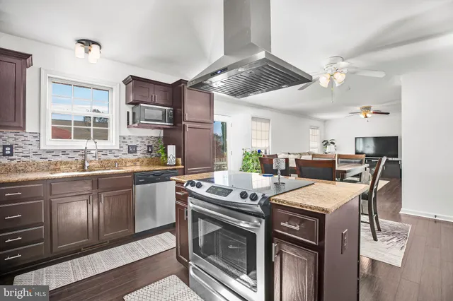 a kitchen that has a stove and a table