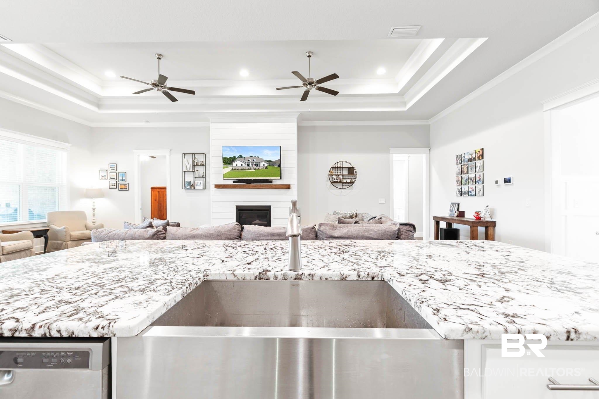 12785 Warbler Street Daphne, AL 36527 - Photo 11 of 53 Kitchen with light stone counters, a large fireplace, ornamental molding, dishwasher, and a tray ceiling