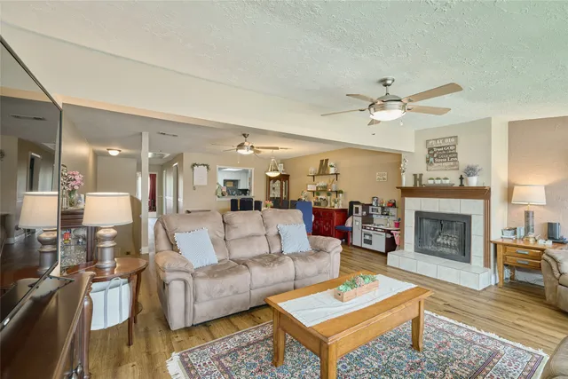 a living room with furniture and a fireplace