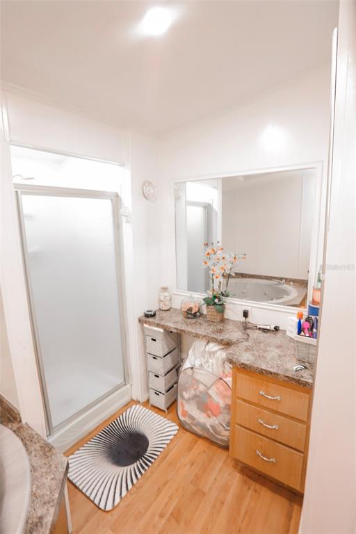 41 Ferguson Lane Frostproof, FL 33843 - Photo 24 of 33 a spacious bathroom with a granite countertop sink a mirror and shower
