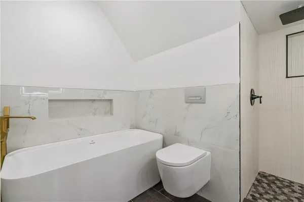 a bathroom with a toilet and a bathtub