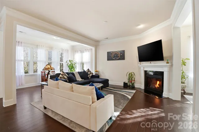 a living room with furniture a fireplace and a flat screen tv