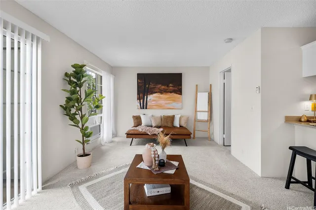 a living room with furniture and a potted plant